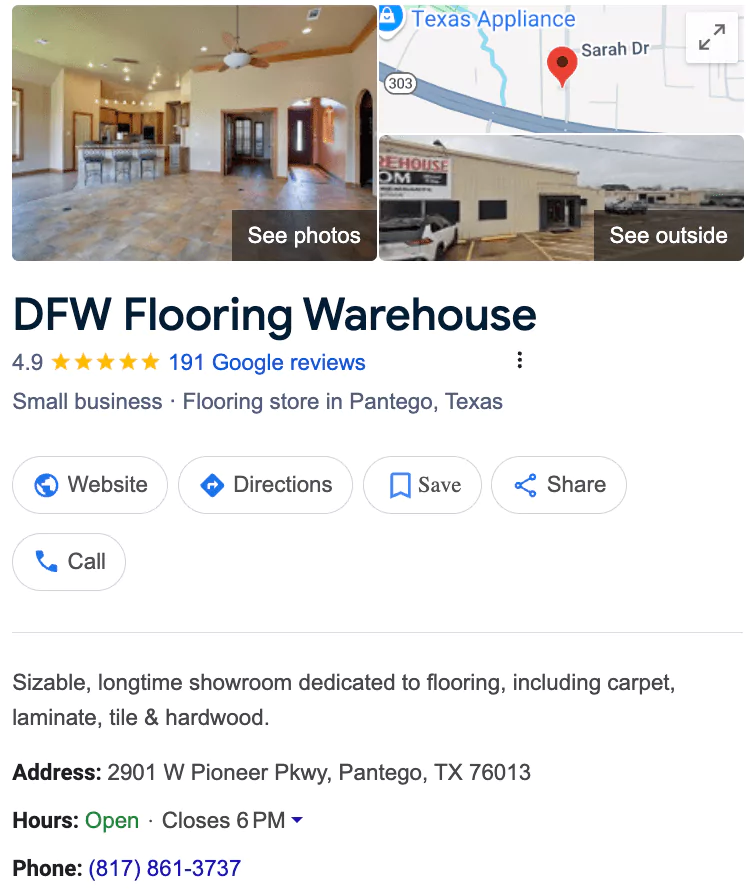 Screenshot of Google Business Profile for Flooring Company