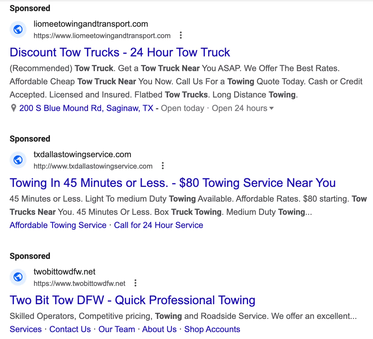 Google Ads for Towing (Screenshot)