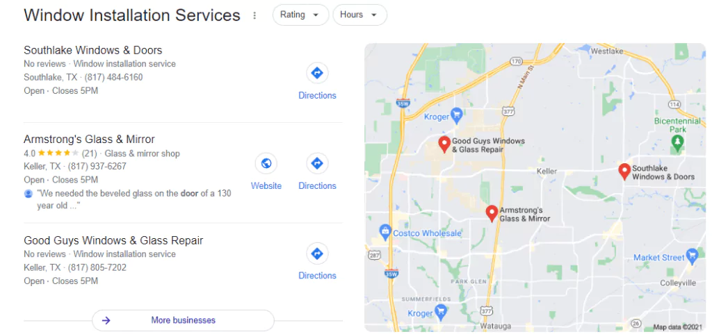 Screenshot of Google Map Pack for Window and Door Search